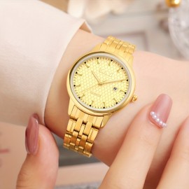 KKY Square Analog Pointer Golden Calendar Watch Waterproof Fashion Luminous Stainless Steel Watch