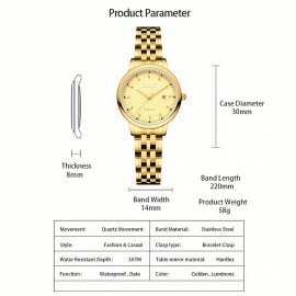 KKY Square Analog Pointer Golden Calendar Watch Waterproof Fashion Luminous Stainless Steel Watch