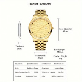 KKY Square Analog Pointer Golden Calendar Watch Waterproof Fashion Luminous Stainless Steel Watch