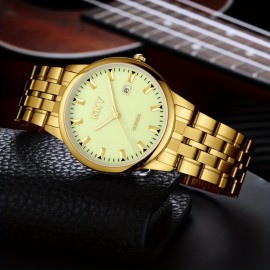 KKY Square Analog Pointer Golden Calendar Watch Waterproof Fashion Luminous Stainless Steel Watch