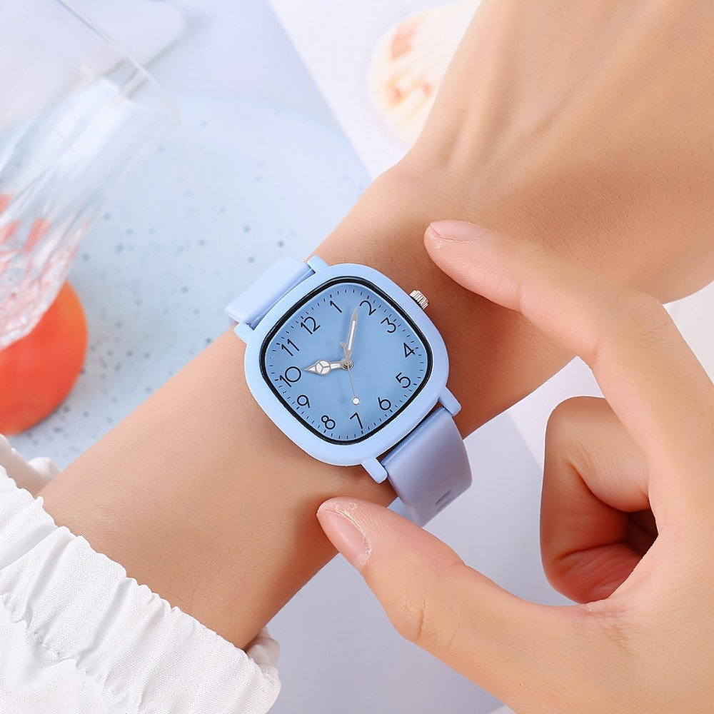 Vibrant Candy Color Square Pointer Analog Quartz Watch - Fashionable Silicone Strap, Water-Resistant, Daily Wear, Perfect for Women's Everyday Use