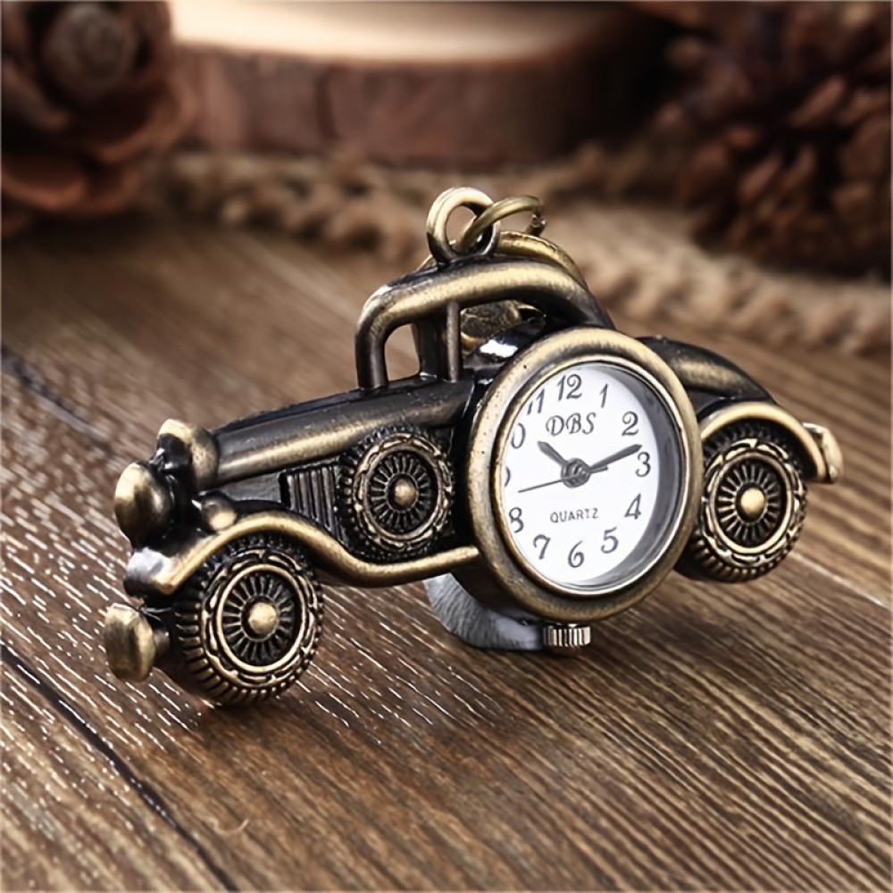 Vintage Pocket Watch Key Chain - Quartz Movement, Creative Bronze Design, Novelty Keychain, Nurse Watch, Bag Accessory, Classic Car Shaped Pendant, Unique Gift Idea