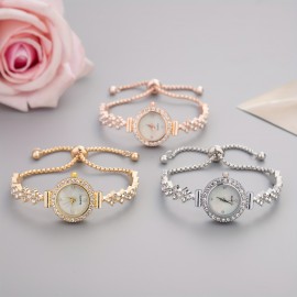 Shimmering Luxury Rhinestone Quartz Watch - Fashionable Iridescent Dial - Adjustable Bracelet Wristwatch for Casual Glamour