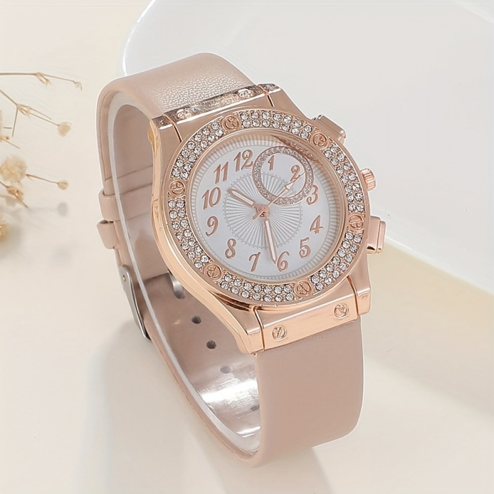 2pcs/set Women's Watch Luxury Rhinestone Quartz Watch Cute Pink Analog Wrist Watch & Bracelet, Gift For Mom Her