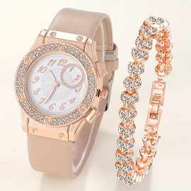 2pcs/set Women's Watch Luxury Rhinestone Quartz Watch Cute Pink Analog Wrist Watch & Bracelet, Gift For Mom Her