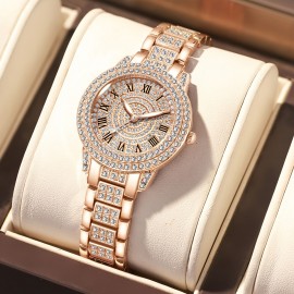 3pcs Luxury Rhinestone Quartz Watch, Alloy Wristband and Jewelry Necklace, Bracelet Set - Glittering Timepiece with Sparkling Accents, Perfect Accessory for Women, Ideal Gift for Her, Eid, Anniversary, Birthday, and Special Occasions