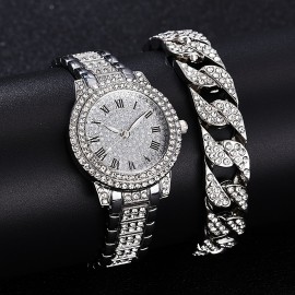 3pcs Luxury Rhinestone Quartz Watch, Alloy Wristband and Jewelry Necklace, Bracelet Set - Glittering Timepiece with Sparkling Accents, Perfect Accessory for Women, Ideal Gift for Her, Eid, Anniversary, Birthday, and Special Occasions