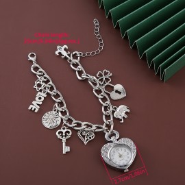 Rhinestone Heart Fashion Quartz Bracelet Watch Cute Elephant Clover Pendant Bangle Cuff Watch For Women   Her