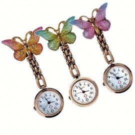 Butterfly Decor Quartz Watch Brooch For Nurses Doctors Students, Cute Lapel Clip On Fob Watch With Pin/Clip