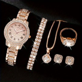 6pcs Women Luxury Rhinestone Quartz Watch Hiphop Fashion Casual Analog Watches Jewelry Set Simple Ideal Choice For Gifts Gifts For Eid