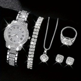 6pcs Women Luxury Rhinestone Quartz Watch Hiphop Fashion Casual Analog Watches Jewelry Set Simple Ideal Choice For Gifts Gifts For Eid