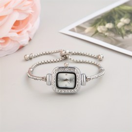 Women's Bracelet Watch Cute Square Pointer Quartz Watch Luxury Rhinestone Analog Stainless Steel Wrist Watch