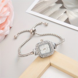 Women's Bracelet Watch Cute Square Pointer Quartz Watch Luxury Rhinestone Analog Stainless Steel Wrist Watch