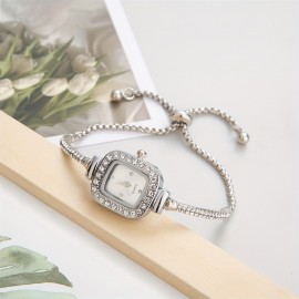 Women's Bracelet Watch Cute Square Pointer Quartz Watch Luxury Rhinestone Analog Stainless Steel Wrist Watch