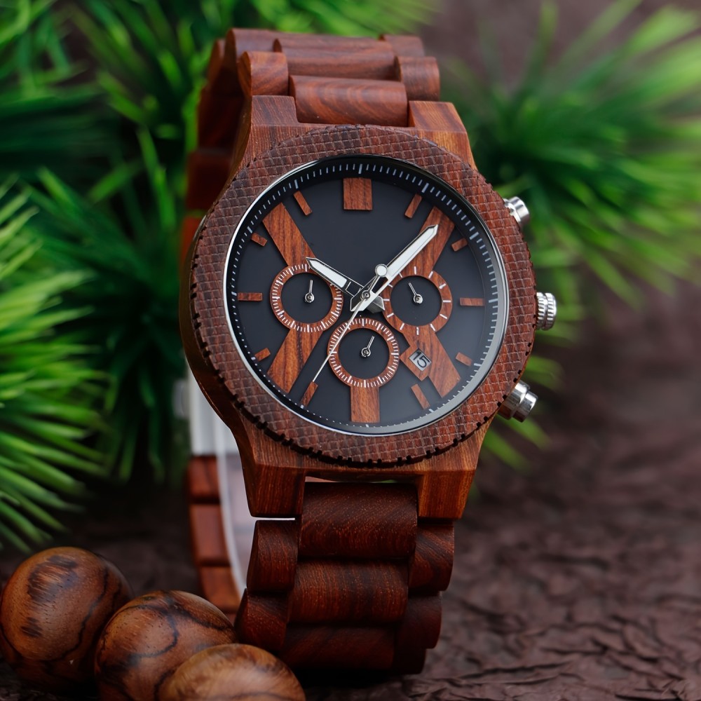 1pc Red Sandalwood Men's Chronograph Quartz Watch, Boys Gift