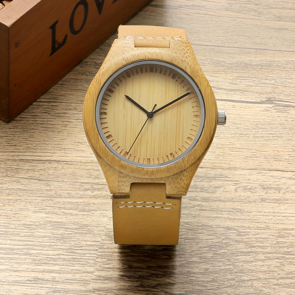 Men's Bamboo Wooden Watch with Brown Cowhide Leather Strap Japanese Quartz Movement Casual Watches