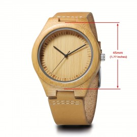 Men's Bamboo Wooden Watch with Brown Cowhide Leather Strap Japanese Quartz Movement Casual Watches