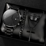 4pcs/set, Men's Simple Pointer Round Black Calendar Quartz Watch And Black Cross Pendant Necklace, Ring, Bracelet Set, Gift For Him