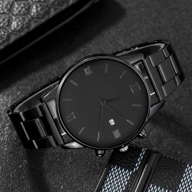 4pcs/set, Men's Simple Pointer Round Black Calendar Quartz Watch And Black Cross Pendant Necklace, Ring, Bracelet Set, Gift For Him