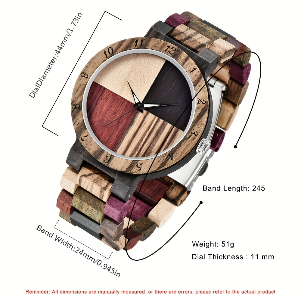 Unique Handcrafted Wooden Watch - Lattice Design, Colorful Bamboo Wood, Analog Quartz Movement, Water-Resistant, Perfect Accessory for Men