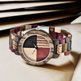 Unique Handcrafted Wooden Watch - Lattice Design, Colorful Bamboo Wood, Analog Quartz Movement, Water-Resistant, Perfect Accessory for Men