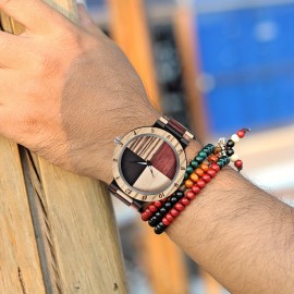 Unique Handcrafted Wooden Watch - Lattice Design, Colorful Bamboo Wood, Analog Quartz Movement, Water-Resistant, Perfect Accessory for Men