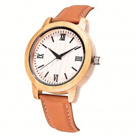 Vintage Bamboo Case Quartz Wristwatch with PU Leather Strap, Non-Waterproof, Round Dial, Electronic Drive, Unique Gift for Men