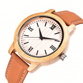 Vintage Bamboo Case Quartz Wristwatch with PU Leather Strap, Non-Waterproof, Round Dial, Electronic Drive, Unique Gift for Men