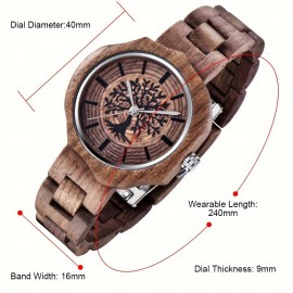 Natural Wooden Quartz Mens Watches Engraved Tree of Life Hand-Made Wooden Watches for Men