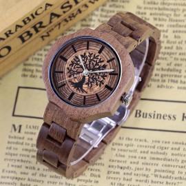 Natural Wooden Quartz Mens Watches Engraved Tree of Life Hand-Made Wooden Watches for Men