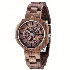 Natural Wooden Quartz Mens Watches Engraved Tree of Life Hand-Made Wooden Watches for Men