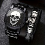 2PCS/SET Men's Casual Fashion Black Skull Quartz Watch Set, Halloween Gift