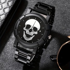 2PCS/SET Men's Casual Fashion Black Skull Quartz Watch Set, Halloween Gift