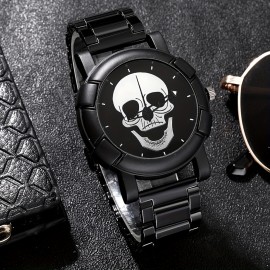 2PCS/SET Men's Casual Fashion Black Skull Quartz Watch Set, Halloween Gift