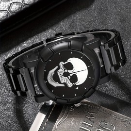 2PCS/SET Men's Casual Fashion Black Skull Quartz Watch Set, Halloween Gift