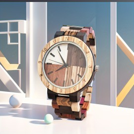 Stylish Men's Quartz Watch With Colorful Wooden Dial - Vintage-Inspired, Unique Gift For Him