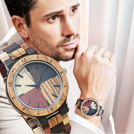 Stylish Men's Quartz Watch With Colorful Wooden Dial - Vintage-Inspired, Unique Gift For Him