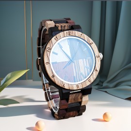 Stylish Men's Quartz Watch With Colorful Wooden Dial - Vintage-Inspired, Unique Gift For Him