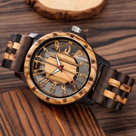 Wooden Quartz Mens Watch with Colorful Hollowed Out Arabic Numeral Dial - Round, Electronic Quartz Movement, Natural Wood Strap, Casual Style, Non-Waterproof, Unique Timepiece for Men