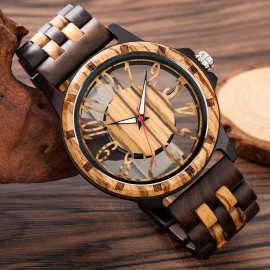 Wooden Quartz Mens Watch with Colorful Hollowed Out Arabic Numeral Dial - Round, Electronic Quartz Movement, Natural Wood Strap, Casual Style, Non-Waterproof, Unique Timepiece for Men