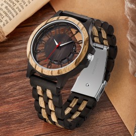 Wooden Quartz Mens Watch with Colorful Hollowed Out Arabic Numeral Dial - Round, Electronic Quartz Movement, Natural Wood Strap, Casual Style, Non-Waterproof, Unique Timepiece for Men