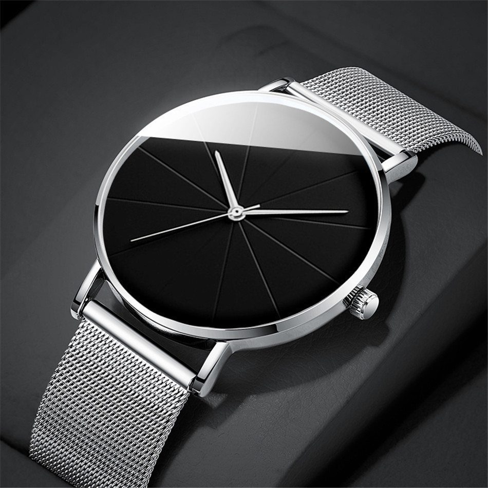 casual round pointer quartz watch large geo dial analog mesh strap wristwatch for women men details 0