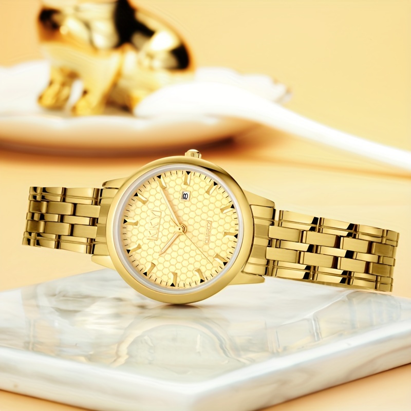 kky   analog pointer golden calendar watch waterproof fashion luminous stainless steel watch details 1