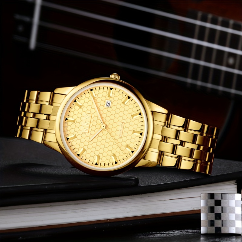 kky   analog pointer golden calendar watch waterproof fashion luminous stainless steel watch details 2