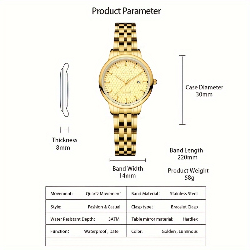 kky   analog pointer golden calendar watch waterproof fashion luminous stainless steel watch details 3