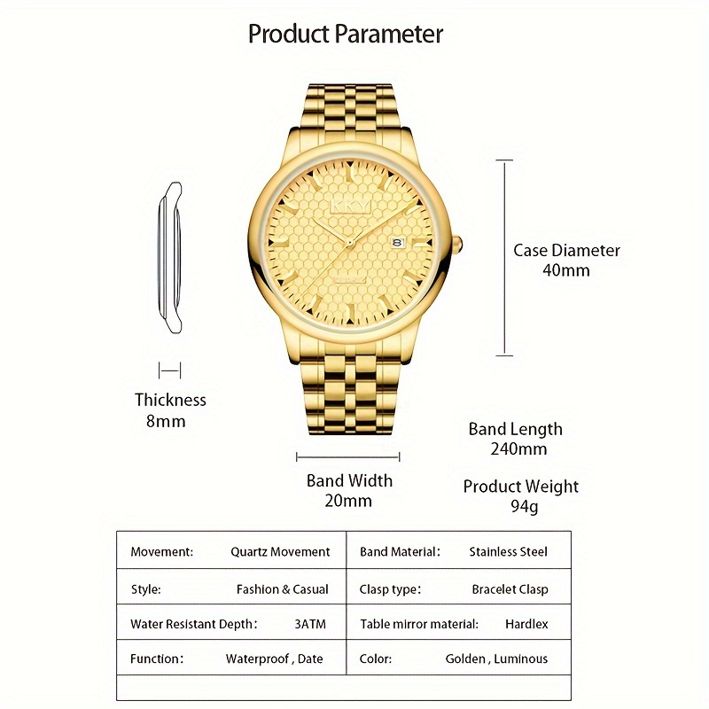 kky   analog pointer golden calendar watch waterproof fashion luminous stainless steel watch details 6