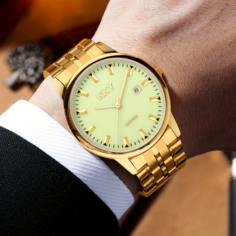 kky   analog pointer golden calendar watch waterproof fashion luminous stainless steel watch details 7