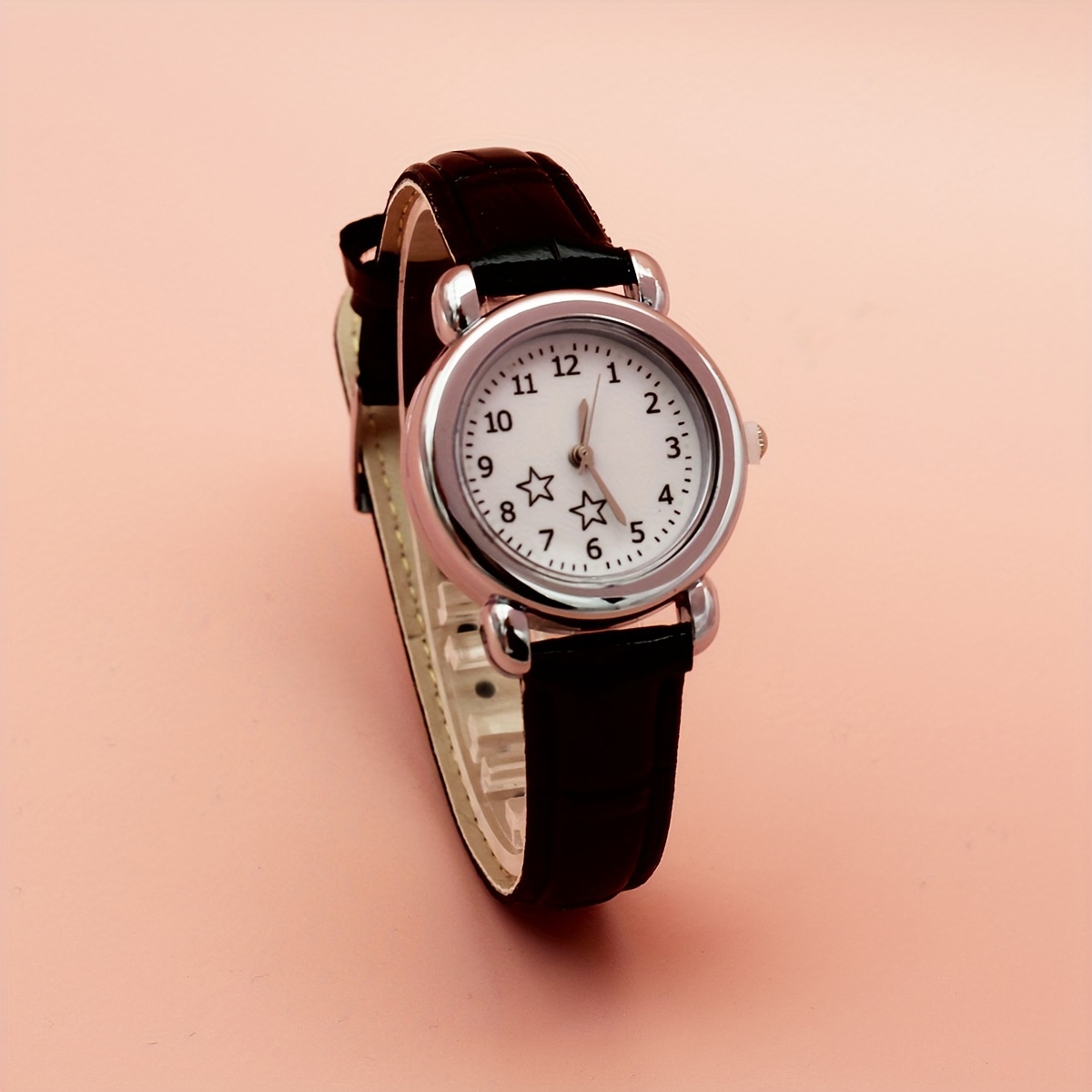 cute star quartz watch casual round pointer analog pu leather wrist watch for women daily uses details 0