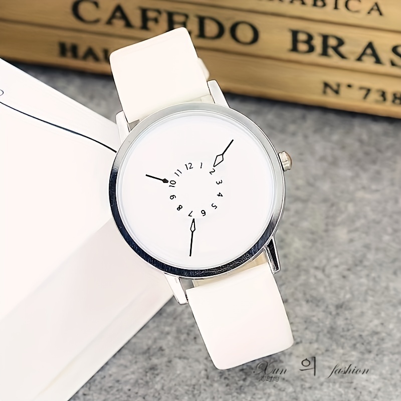 casual round pointer quartz watch creative analog wristwatch with pu leather strap gift for women men teens students details 1