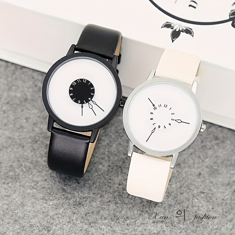 casual round pointer quartz watch creative analog wristwatch with pu leather strap gift for women men teens students details 2